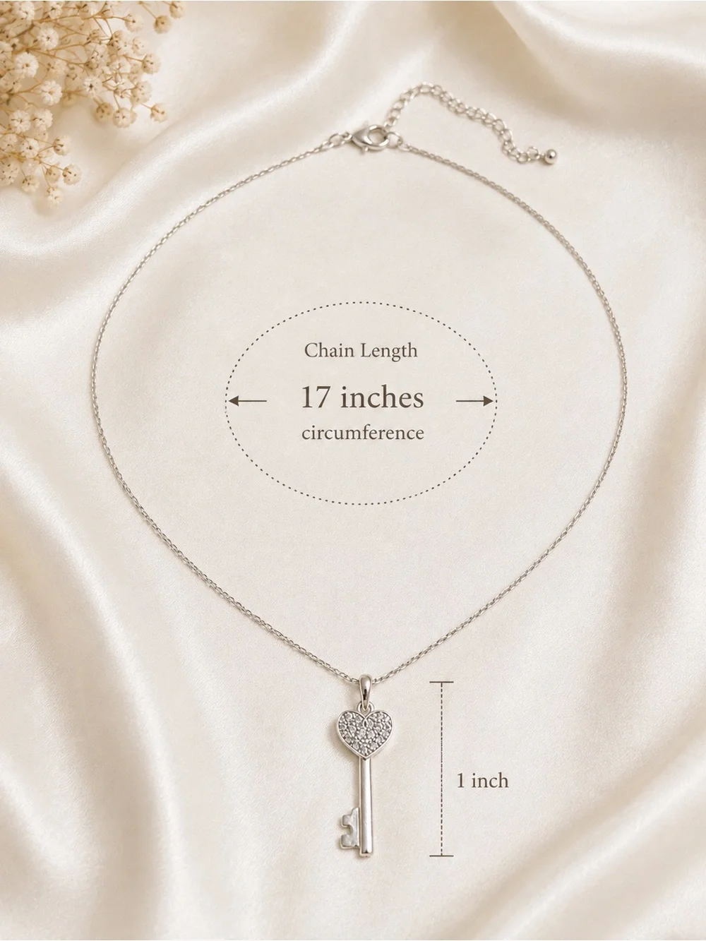 Italian Heart Key Pendant Necklace Silver Tone Crystal Accent 17 Inch Chain
